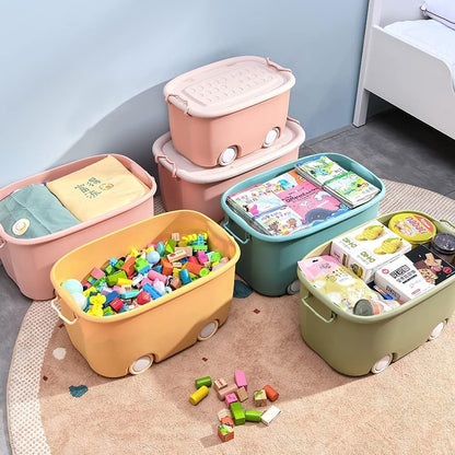 A06743 Kids Plastic Toy Storage Box with Lid & Rolling Wheels (Multicolor)