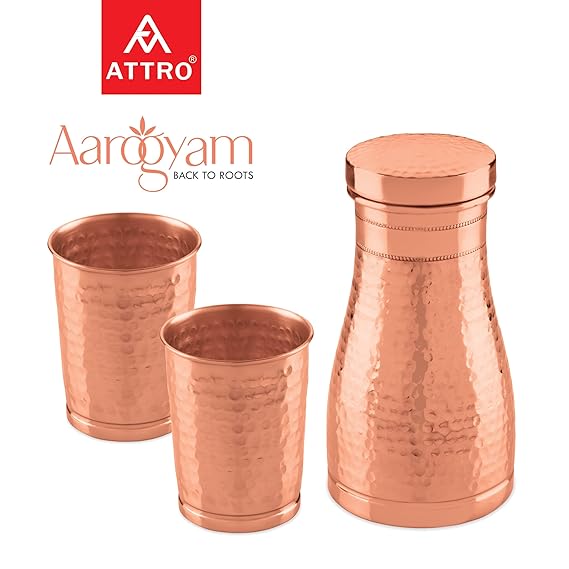 AM2614 Attro Hammered (ACS007) Finish Copper Trio Water Pot with Lid & 2 Glasses 950ml Pack Of 3 Pcs