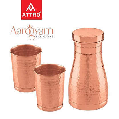 AM2614 Attro Hammered (ACS007) Finish Copper Trio Water Pot with Lid & 2 Glasses 950ml Pack Of 3 Pcs