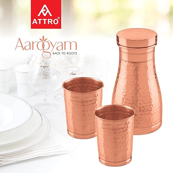 AM2614 Attro Hammered (ACS007) Finish Copper Trio Water Pot with Lid & 2 Glasses 950ml Pack Of 3 Pcs