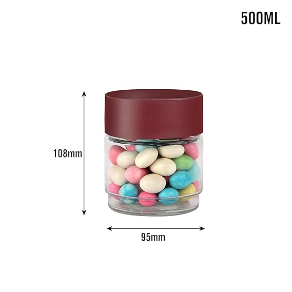 AM0654 CELLO Modustack Glassy Storage Jar | Glass Jar with Lid | Air Tight Steel Lid and Stackable | For Storage of Food, Pulses, Spice, Cereals, Cookies, Dry Food | 500ml, Maroon