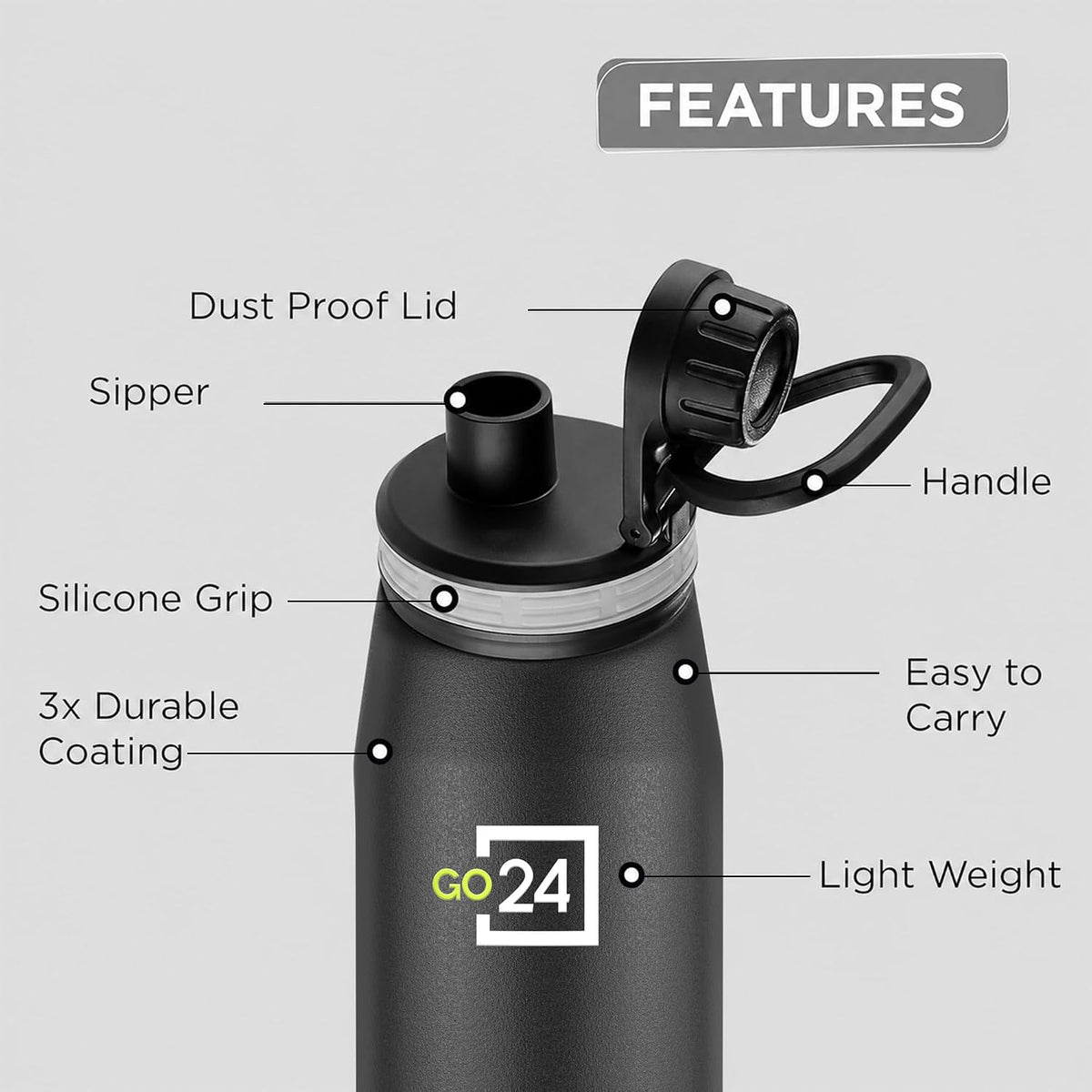AM6817 Go24 pexpo Stainless Steel Water Bottle 500ml, 3 Layer Vacuum Insulated