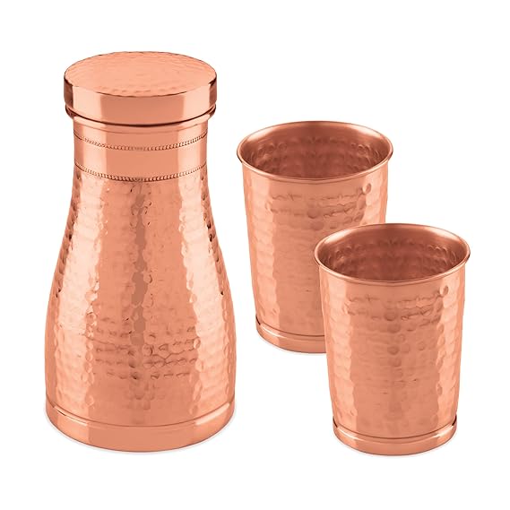 AM2614 Attro Hammered (ACS007) Finish Copper Trio Water Pot with Lid & 2 Glasses 950ml Pack Of 3 Pcs