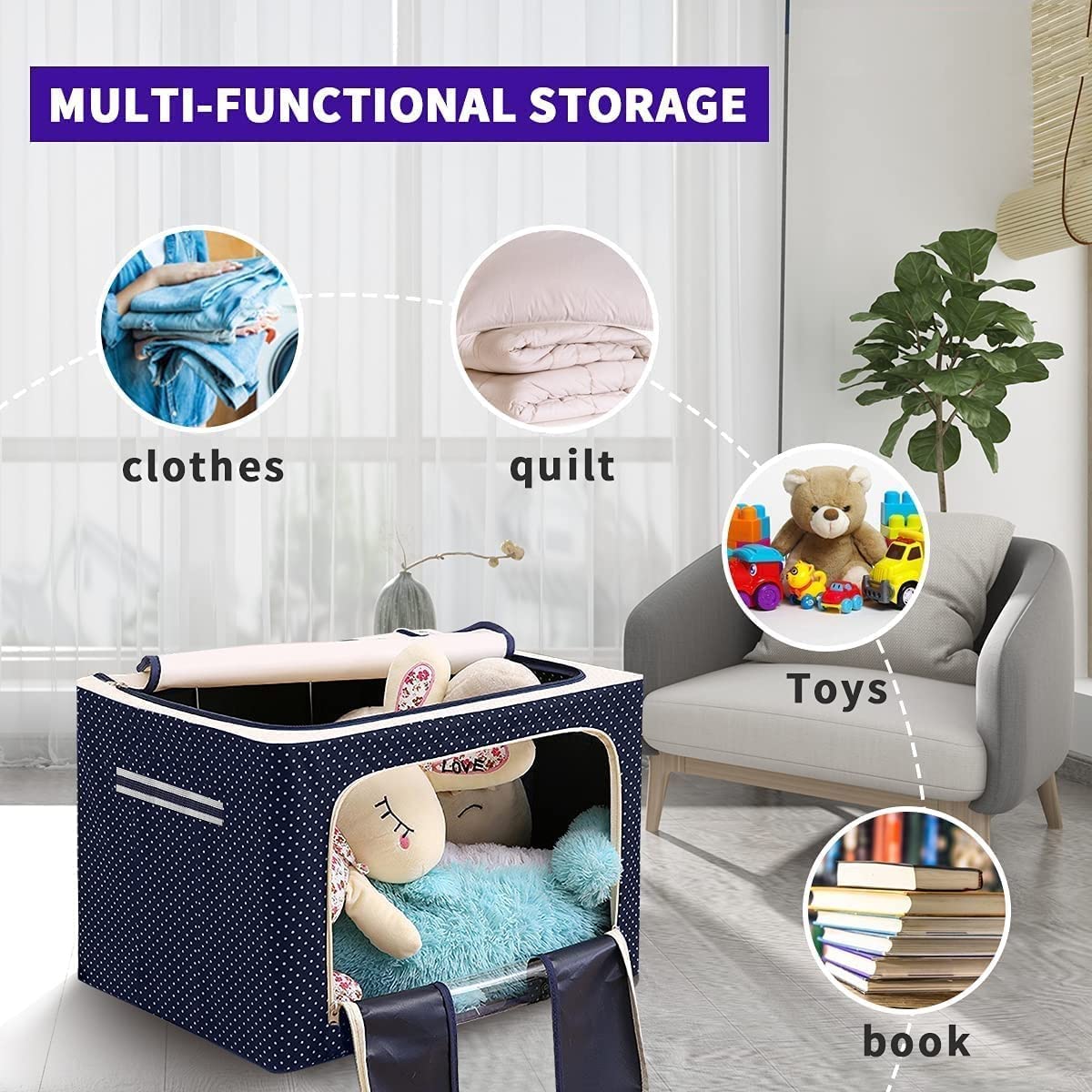 3890 Foldable 66L Cloth Storage Bags Organizer Container | Foldable Metal Frame Basket with Clear Window, Carry Handles & Sturdy Zipper for Closet