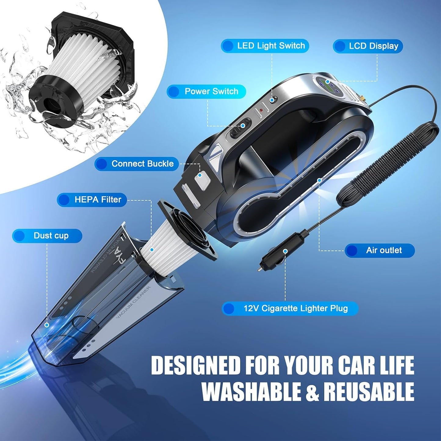 A06703 Car Vacuum Cleaner, 12V DC Portable Handheld Auto Vacuum with LED Light, Multiple Attachments for Car Interior