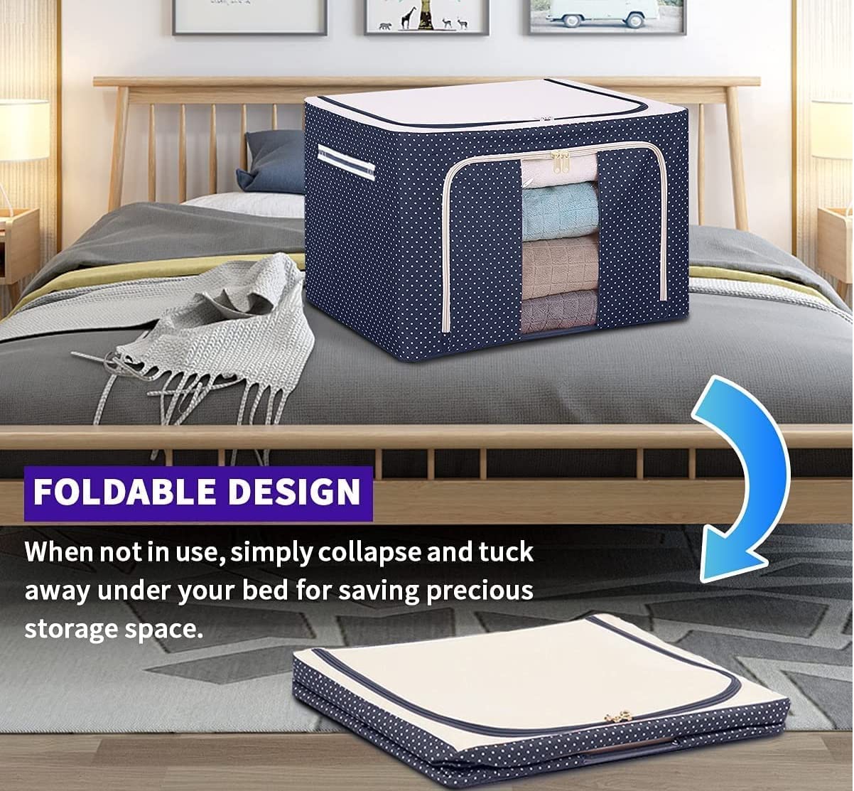 AM7717 Foldable Steel Frame Cloth Organizer for Wardrobe Organizer for Storage Sarees, Shirts, Blankets, Clothes Storage Box with Handle