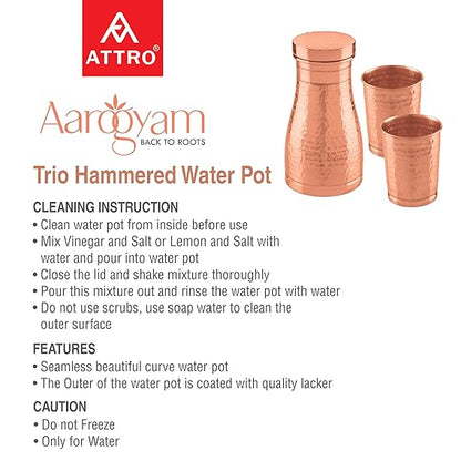 AM2614 Attro Hammered (ACS007) Finish Copper Trio Water Pot with Lid & 2 Glasses 950ml Pack Of 3 Pcs