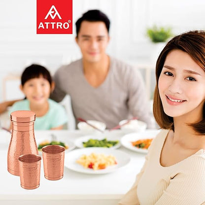 AM2614 Attro Hammered (ACS007) Finish Copper Trio Water Pot with Lid & 2 Glasses 950ml Pack Of 3 Pcs