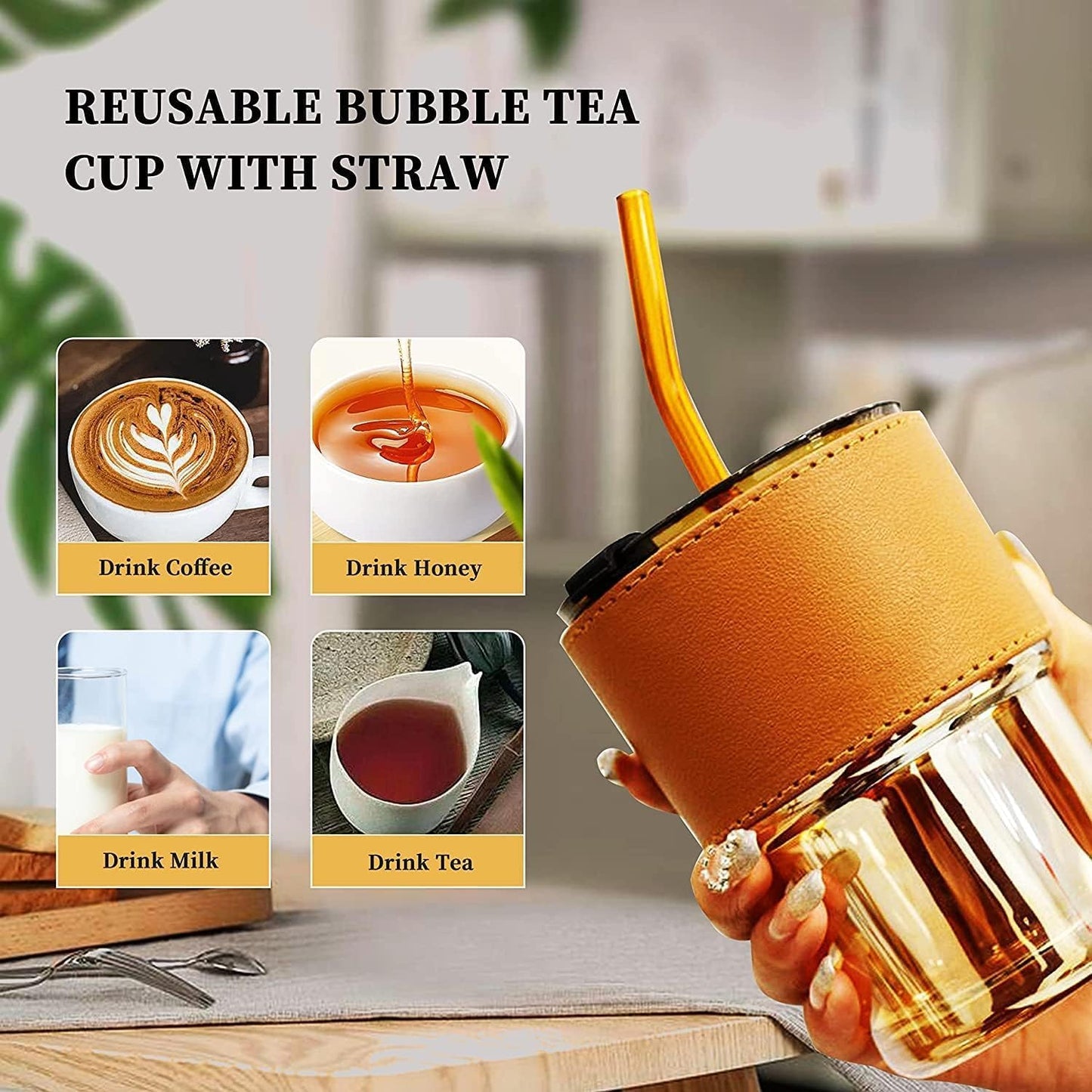 AM7459 Glass Tumbler with Glass Straw and Lid