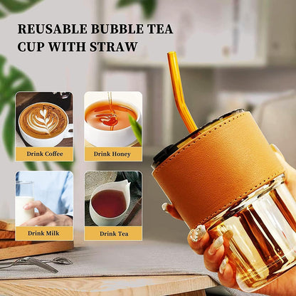 AM7459 Glass Tumbler with Glass Straw and Lid