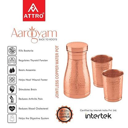 AM2614 Attro Hammered (ACS007) Finish Copper Trio Water Pot with Lid & 2 Glasses 950ml Pack Of 3 Pcs