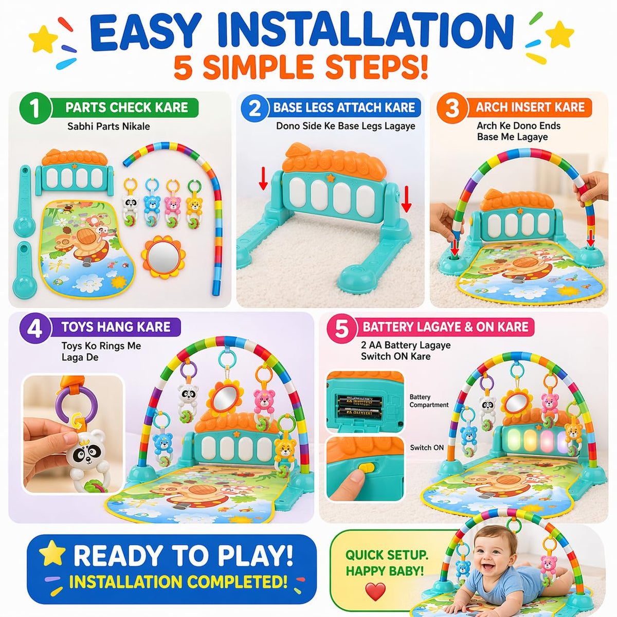 TM0239 Baby Piano Play Mat Gym & Fitness Rack with Hanging Rattles Keyboard Set with Music Mode