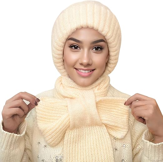 AM2868 Winter Hat Cap Plain Integrated Ear Protection Windproof Cap Scarf