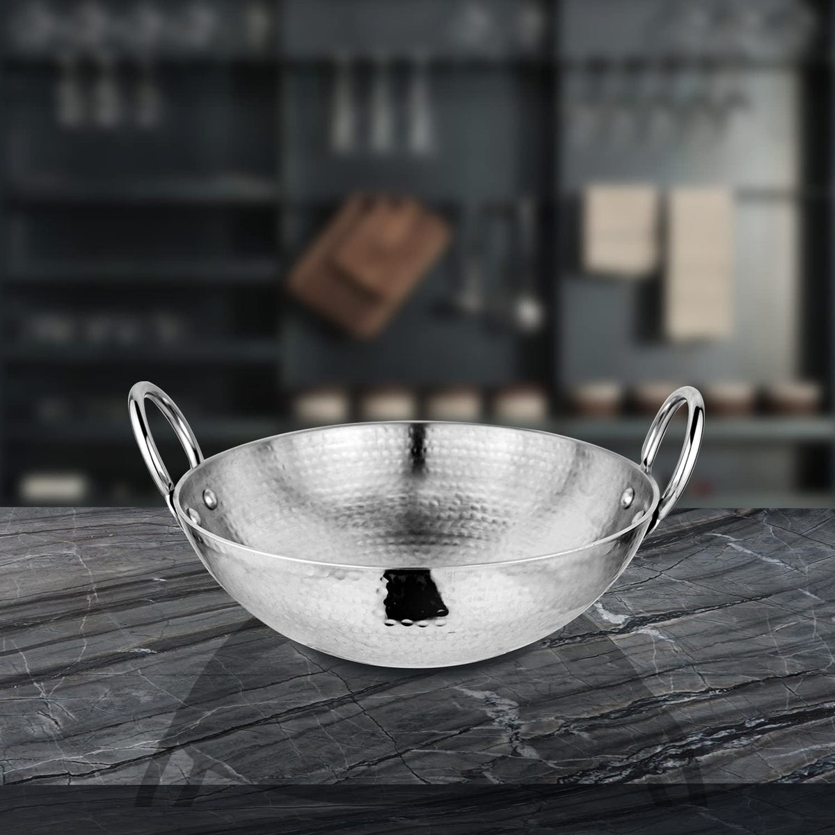 AM6813 Stainless Steel Heavy Weight Hammered Kadhai, 2.5 mm,20 cm, 1.1 Kg, 1.5 Litre