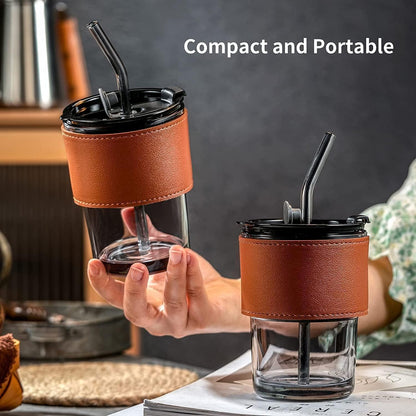 AM7459 Glass Tumbler with Glass Straw and Lid