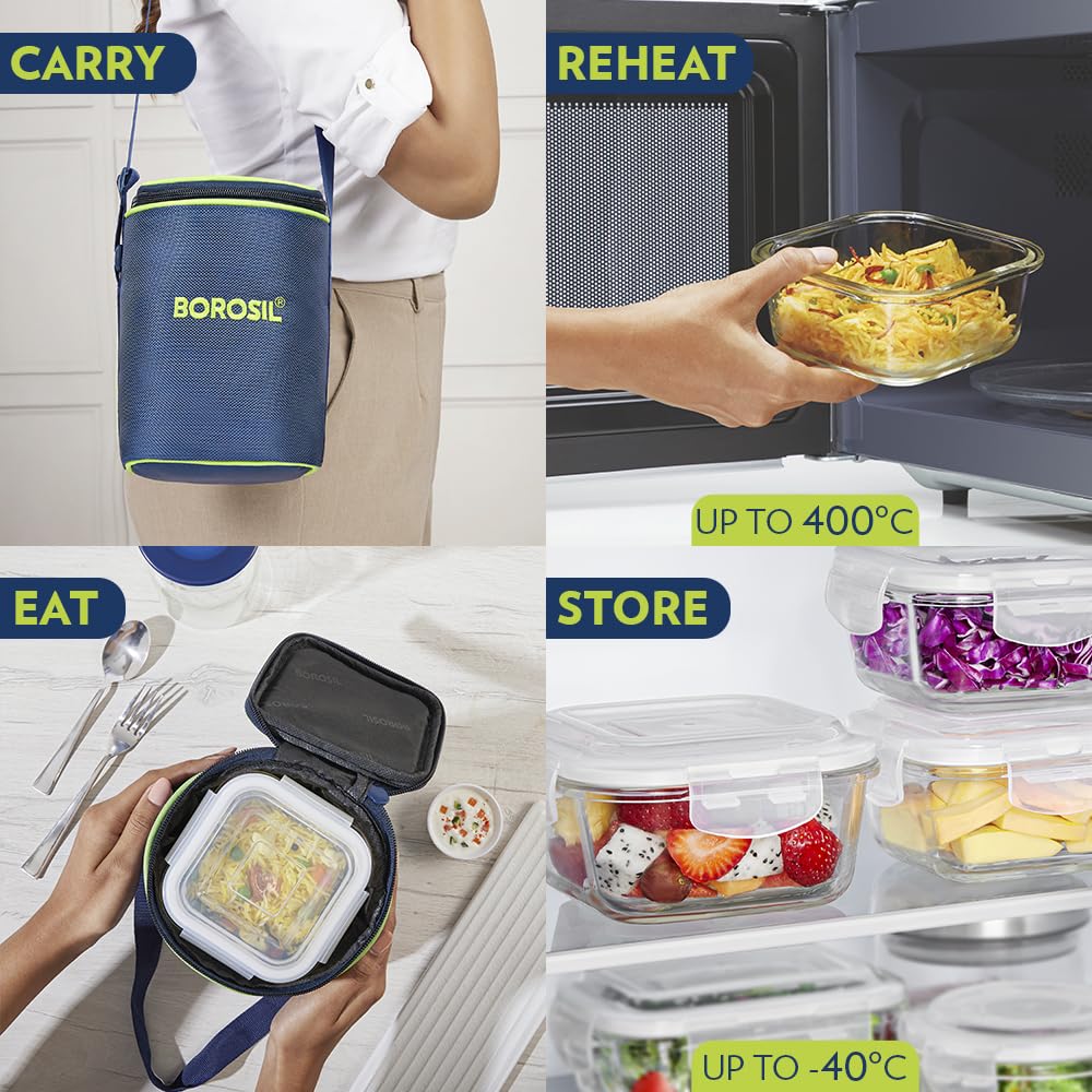 AM3694 Borosil Square 320ml Microwavable Glass Lunch Box Set Of 3