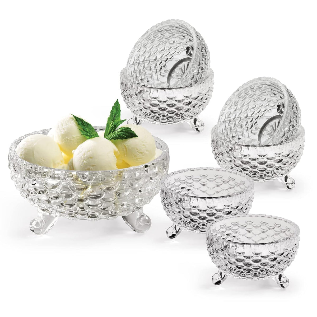 AM2658 Crystal Glass Bowl Set of 7 pcs with 1 Large Bowl & 6 Small Bowls for Serving Snacks,Pudding,Dessert,Fruits and Kitchen Purpose - Transparent Edition
