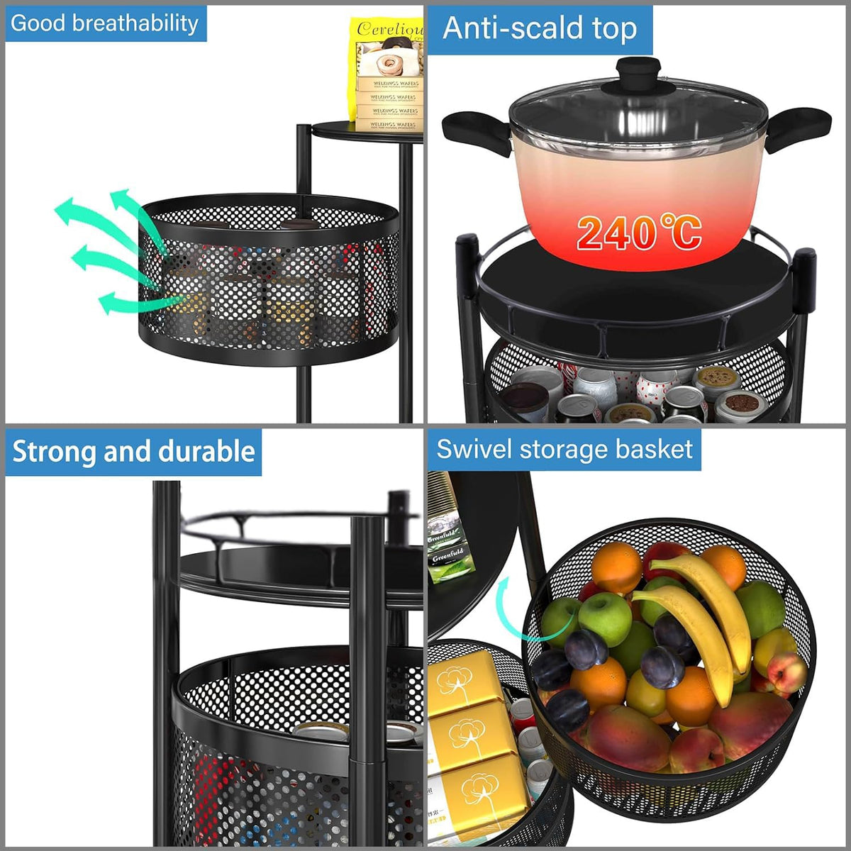 AM5319 3-Layer Round Multipurpose Storage Trolley with Wheels