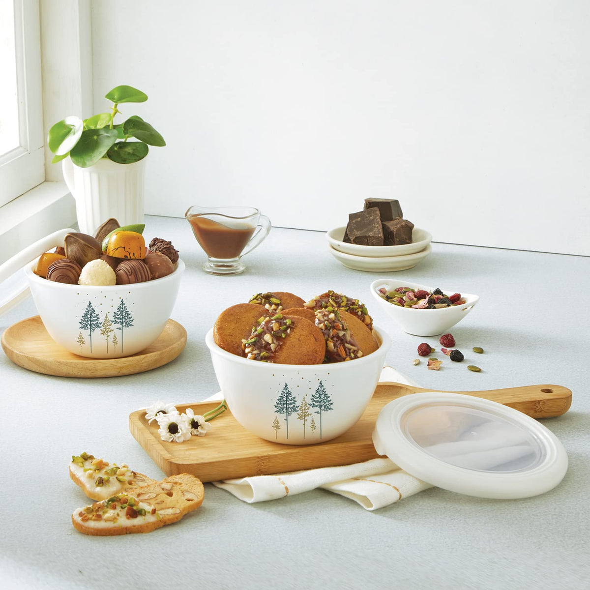 AM0639 CELLO Opalware Mixing Bowl Set with Premium Lid, Green Orchard | Microwave and Dishwasher Safe | Scratch Resistant & Light-Weight | 2 Units