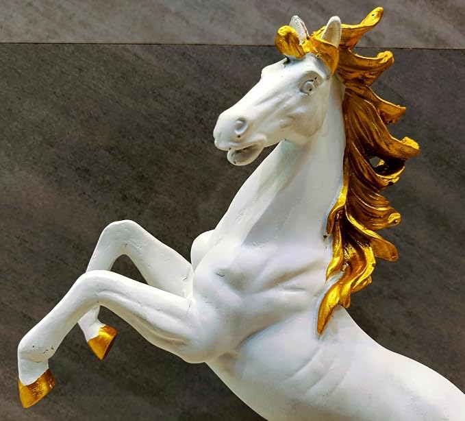 AM7041 White Horse Statue with Golden Mane and Tail