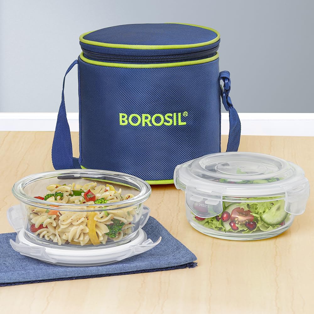 AM3698 Borosil Round Mealbox 400ml Glass Lunch Box set 2 Blue,Grey