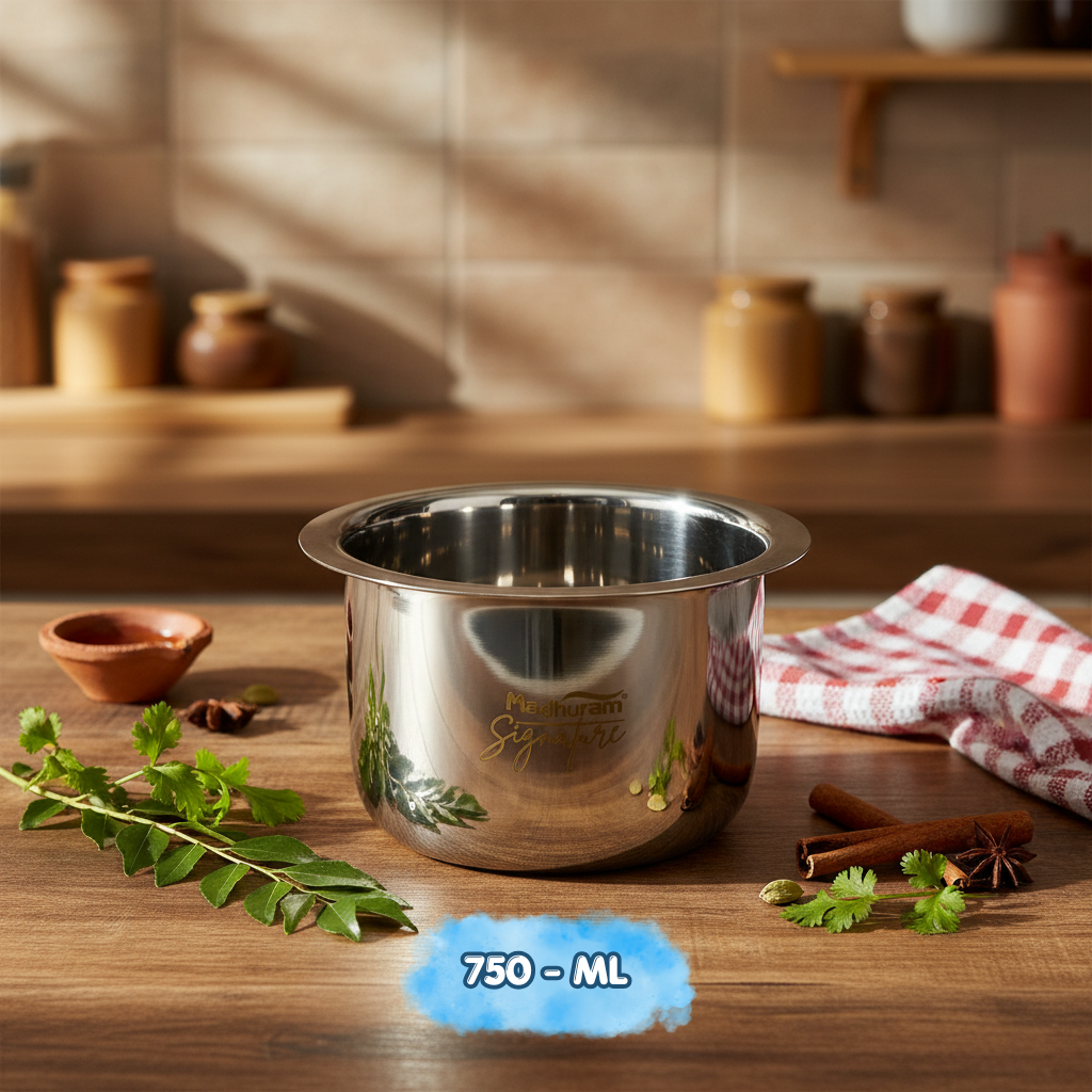 AM7578 Madhuram Signature Premium Stainless Steel Deep Vessel / Container (750 ml, 8x11x11 cm)