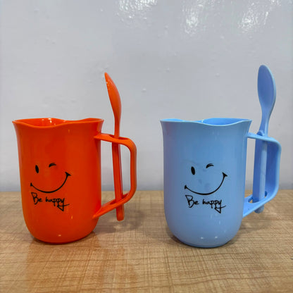 A06993 Be Happy Plastic Funsip Mug with Matching Spoon (Multicolour)