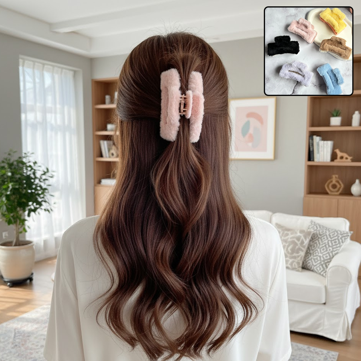 AM6383 Dual Shade Square Shape Fur Hair Claw - 1pc (Multicolour)