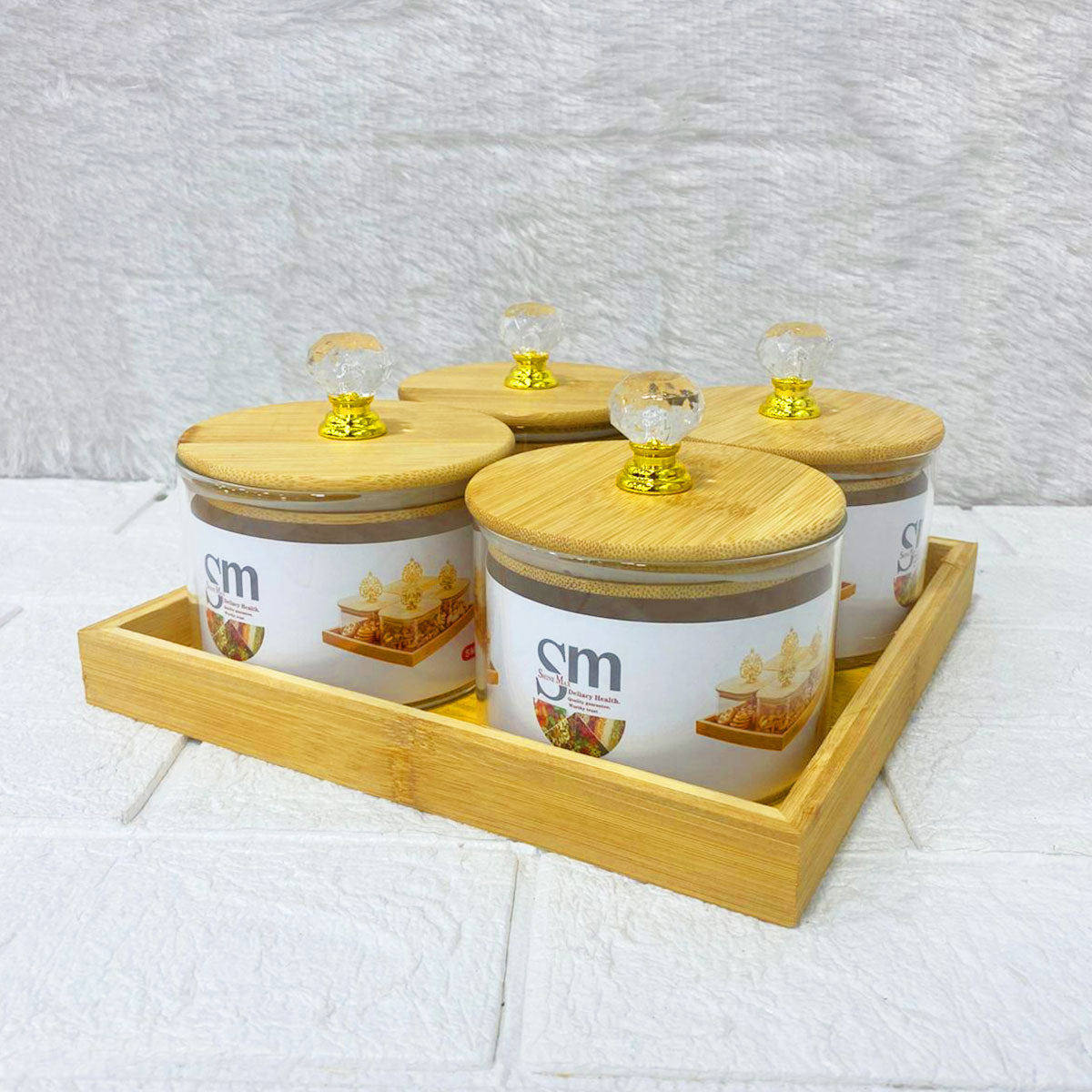 AM3723 Glass Container Jar Bowl With Wooden Deer Lids And Tray 4+1Pcs