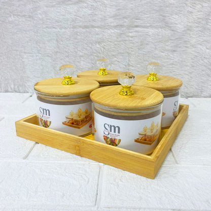 AM3723 Glass Container Jar Bowl With Wooden Deer Lids And Tray 4+1Pcs