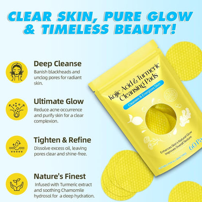 AM5417 Turmeric Kojic Acid Cleansing Pads, 60 Count Turmeric and Kojic Acid Pads, Mild and Non-irritating, Suit for All Skin Types 60 Pcs Kojic Acid Turmeric Cleansing Pads