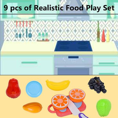 AM0230 Plastic Fruit Cut Toys for Kids, Sliceable Fruit Set with Strong Fasteners Fruits, Plate, Chopping Board & Knife, Fruits Toys Set for Kids – 9 Pcs, Multicolor