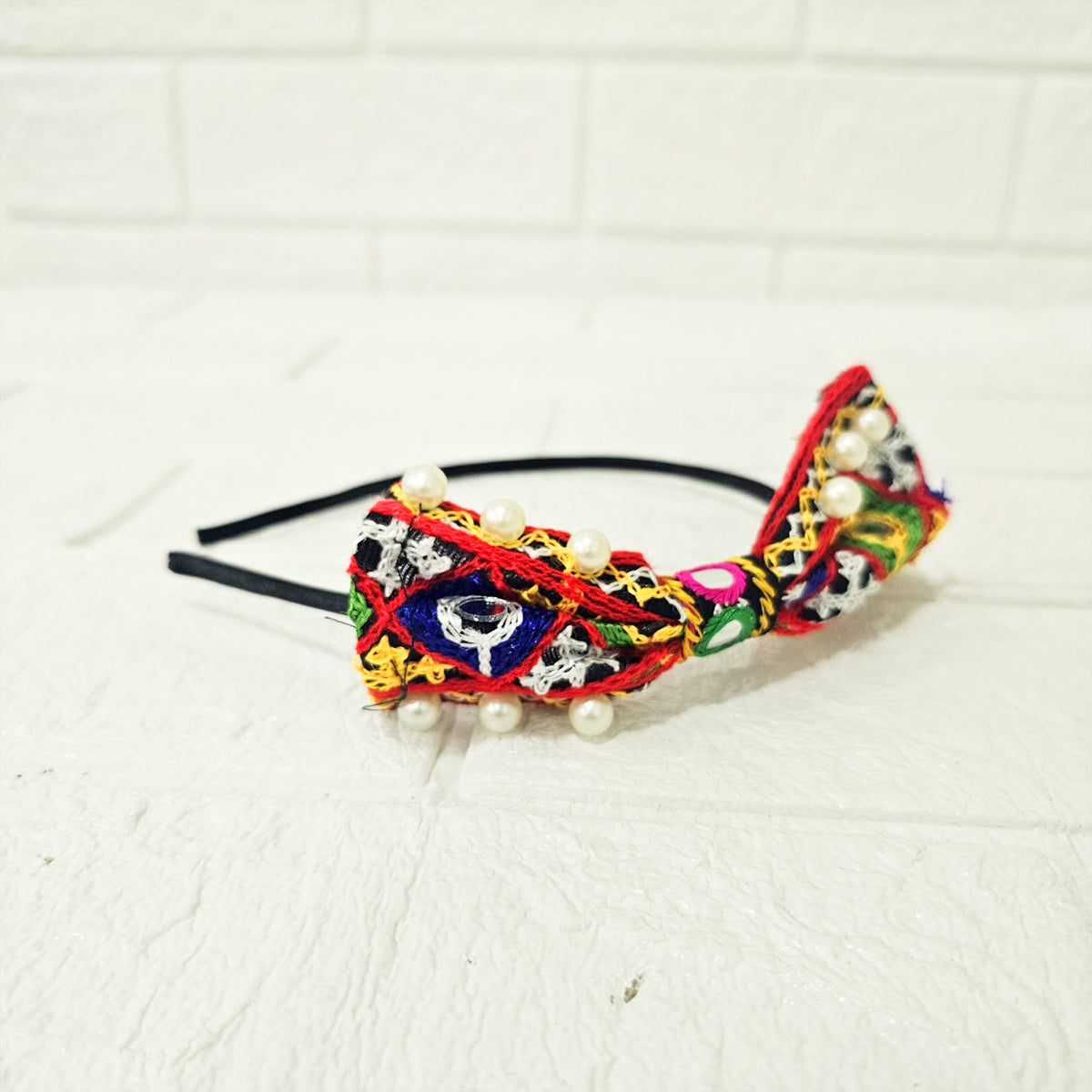 Di0042 Navratri MIx Design Colorful Braided Hairband with Cowrie Shells & Pom-Pom Ends
