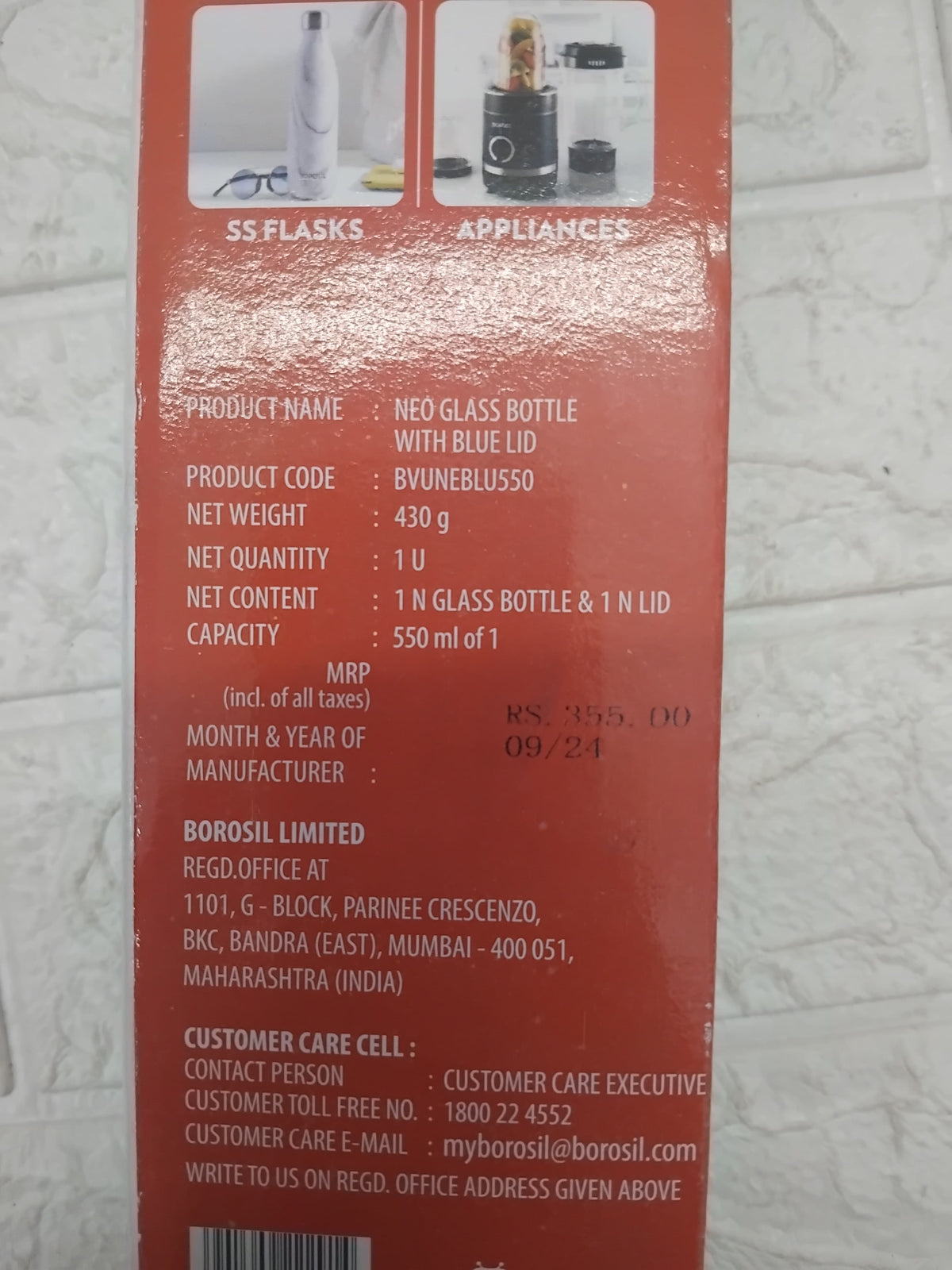 AM3679 Neo Borosilicate Glass Bottle 550ml With Blue Lid (BVUNEBU550)