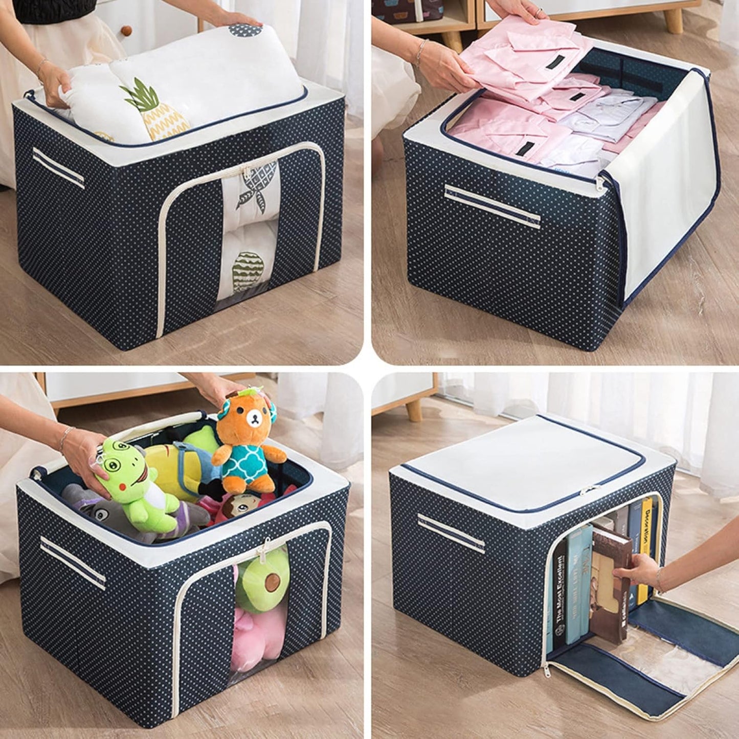 3890 Foldable 66L Cloth Storage Bags Organizer Container | Foldable Metal Frame Basket with Clear Window, Carry Handles & Sturdy Zipper for Closet