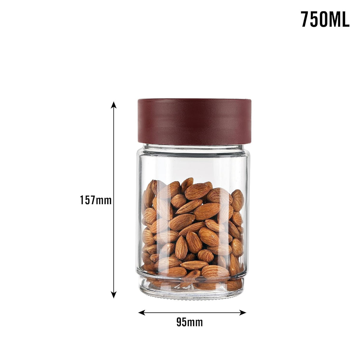 AM0655 CELLO Modustack Glassy Storage Jar | Glass Jar with Lid | Air Tight Steel Lid and Stackable | For Storage of Food, Pulses, Spice, Cereals, Cookies, Dry Food | 750ml, Maroon