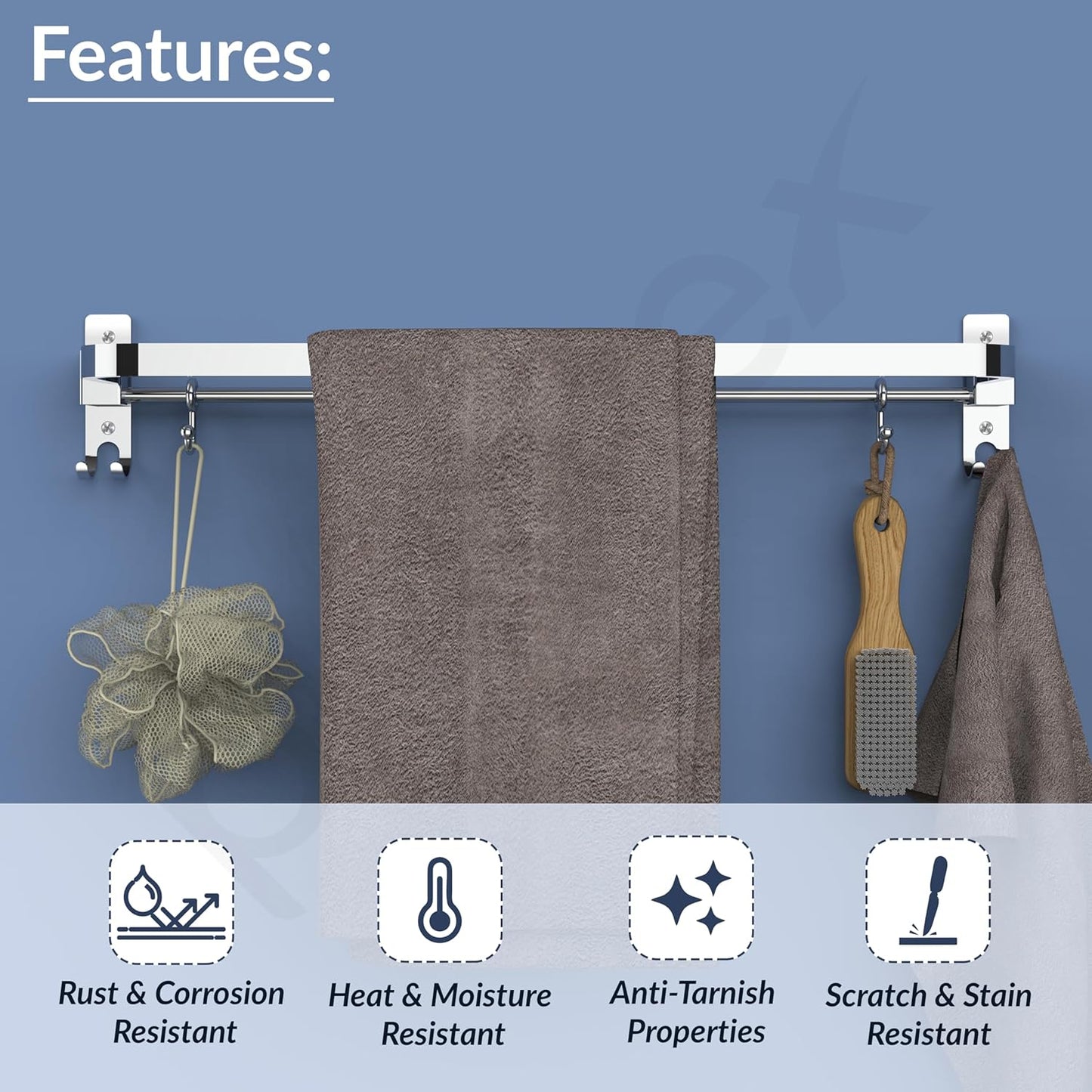 A06524 Stainless Steel Folding Towel Rack with Sliding Hooks (24 inch)