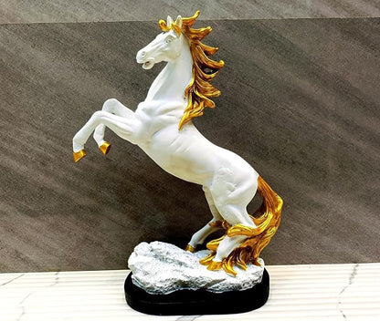AM7041 White Horse Statue with Golden Mane and Tail