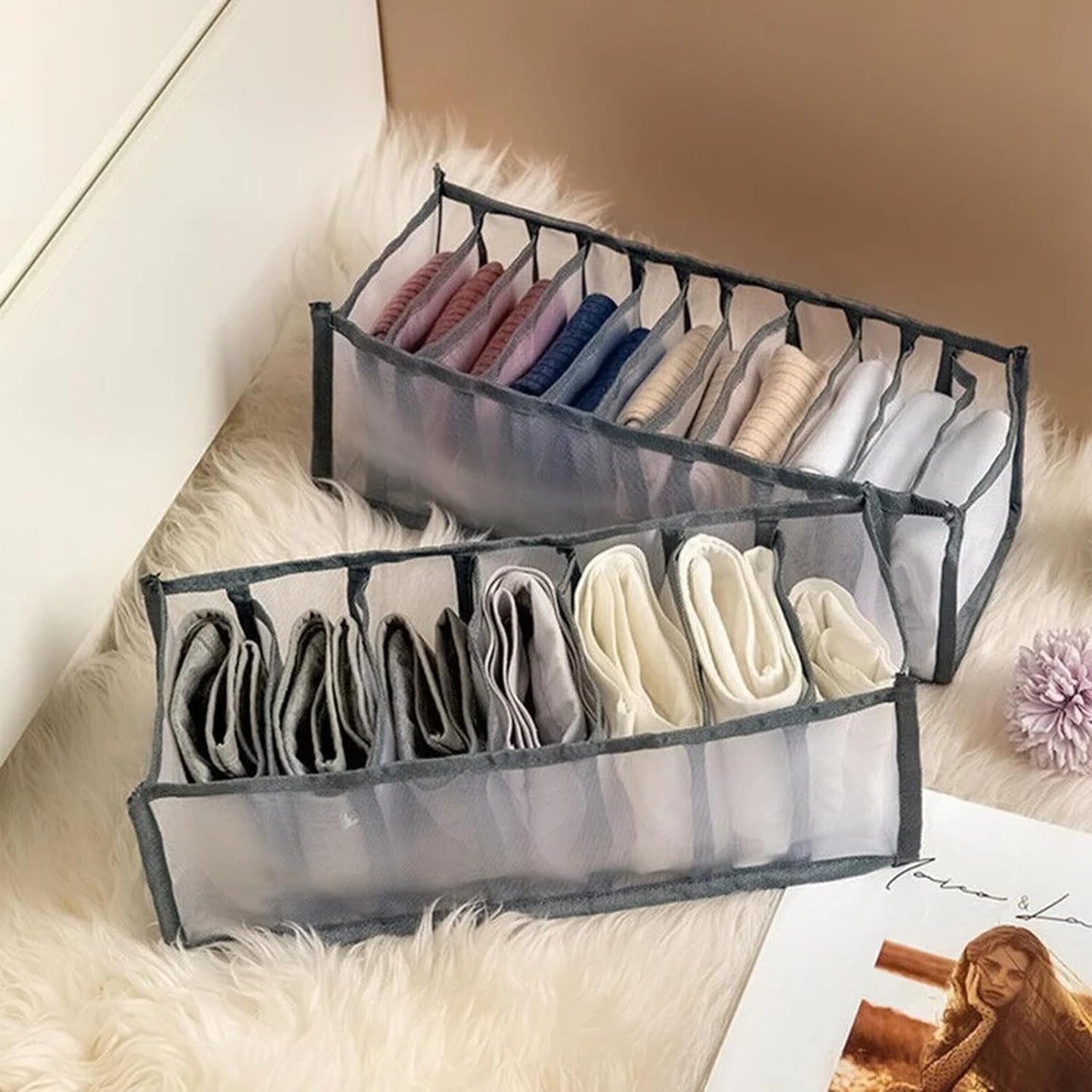 AM7640 Henfang Foldable Mesh Drawer Organizer Grid Storage Box For Bras and Clothes, 7 Compartments