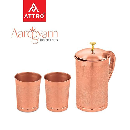 AM2613 Attro Pure (ACS030) Copper Kumbh Water Jug Set with 2 Glass (Hammered) Pack Of 3 Pcs