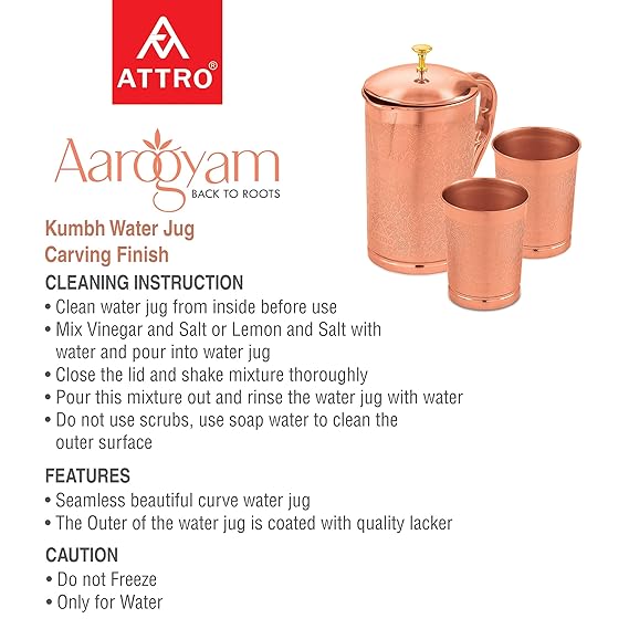 AM2613 Attro Pure (ACS030) Copper Kumbh Water Jug Set with 2 Glass (Hammered) Pack Of 3 Pcs