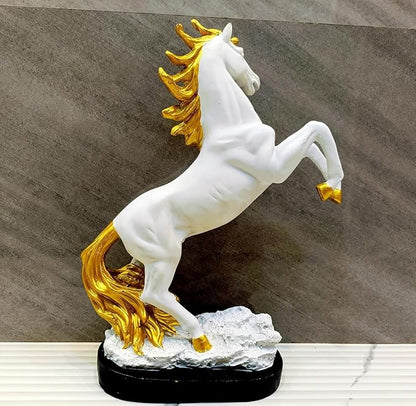 AM7041 White Horse Statue with Golden Mane and Tail