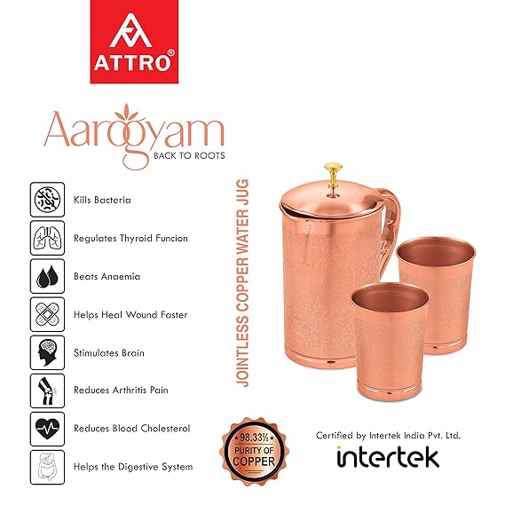 AM2613 Attro Pure (ACS030) Copper Kumbh Water Jug Set with 2 Glass (Hammered) Pack Of 3 Pcs