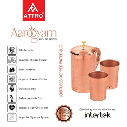AM2613 Attro Pure (ACS030) Copper Kumbh Water Jug Set with 2 Glass (Hammered) Pack Of 3 Pcs