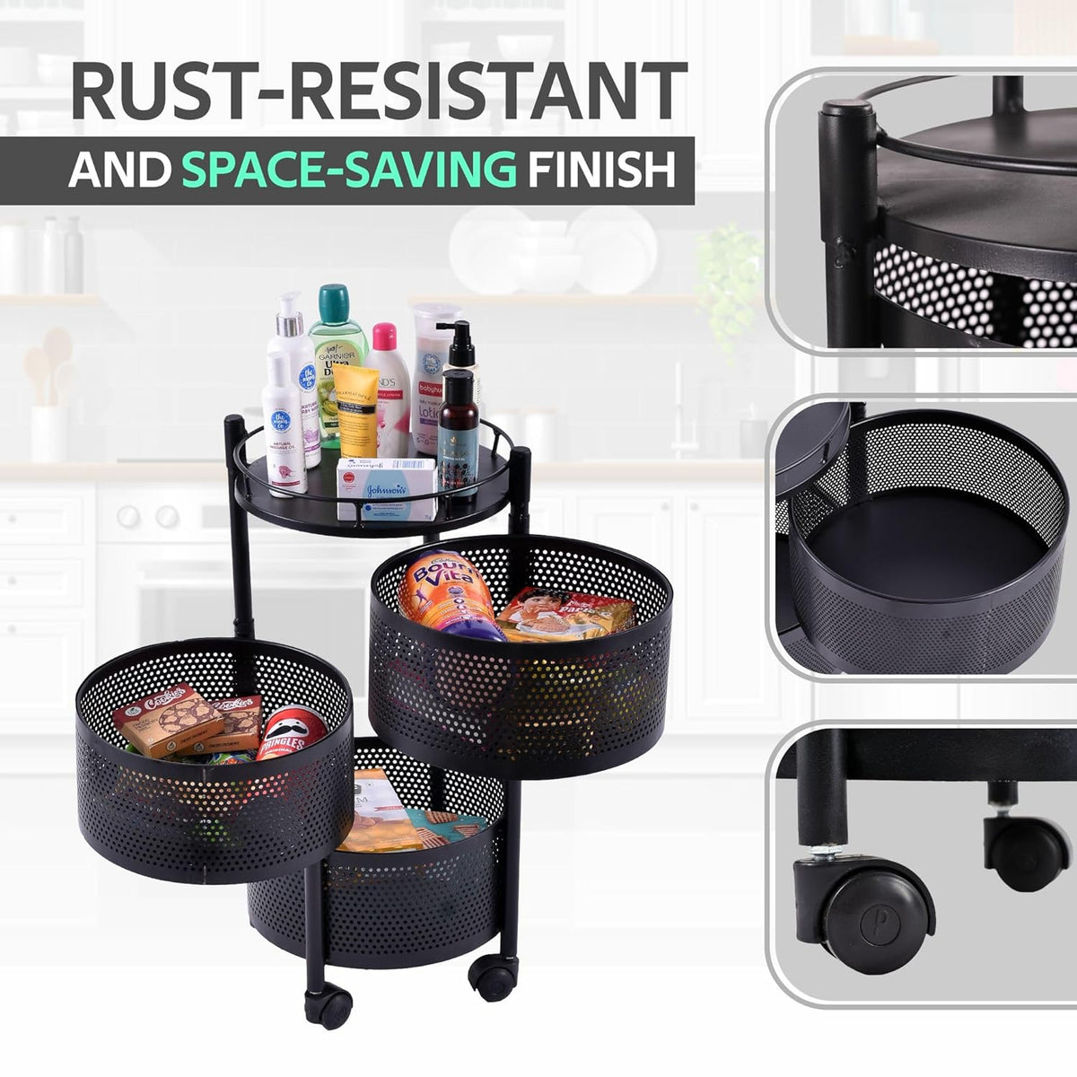 AM5319 3-Layer Round Multipurpose Storage Trolley with Wheels