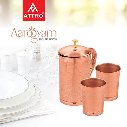 AM2613 Attro Pure (ACS030) Copper Kumbh Water Jug Set with 2 Glass (Hammered) Pack Of 3 Pcs