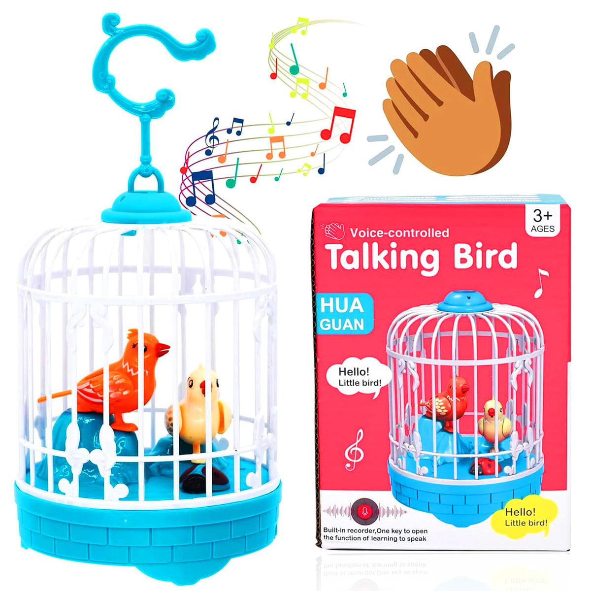 AM6123 Talking Bird Toy in Cage – Interactive Sound-Activated Toy That Repeats What You Say