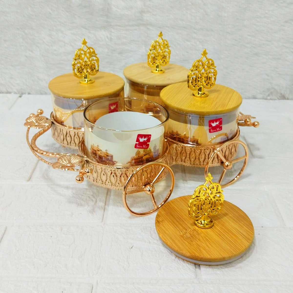 AM6271 Luxury Candy Jar Set 4 Pcs With Golden Cart Stand