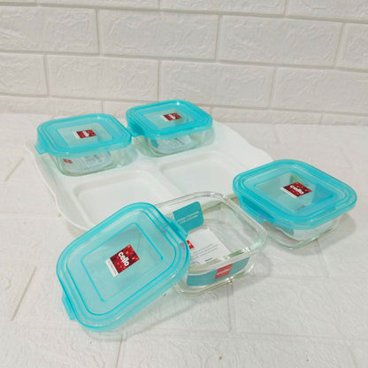 Di0244 Cello Arista 5-Piece Tray Set - 4 Glass Square Containers with Lids & Serving Tray - 320ml Each