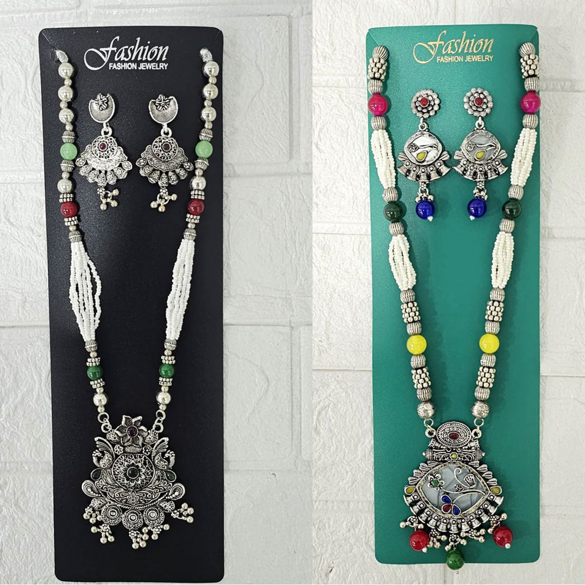 Di0047 Navratri Intricate Oxidized Silver Floral & Jali Necklace with Beaded Earings